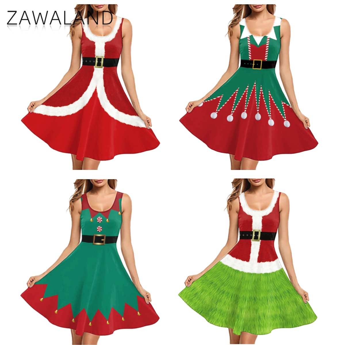 Elf Costume Christmas - Świąteczny Czerwono-Zielony Strój Cosplay Damski Sukienka