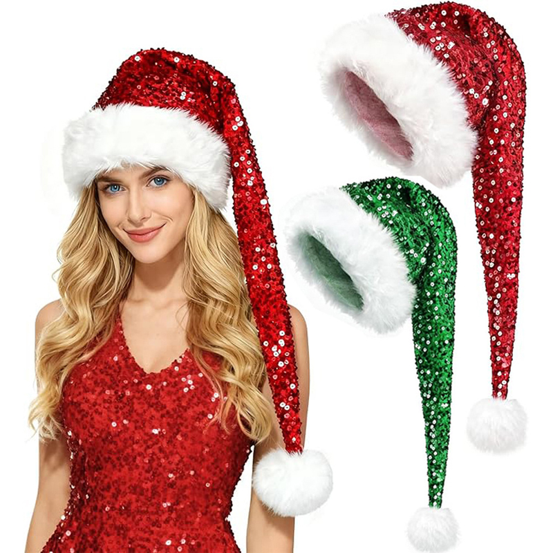 Santa Hat Plush - Unisexowa świąteczna czapka z cekinami, dwuwarstwowa,