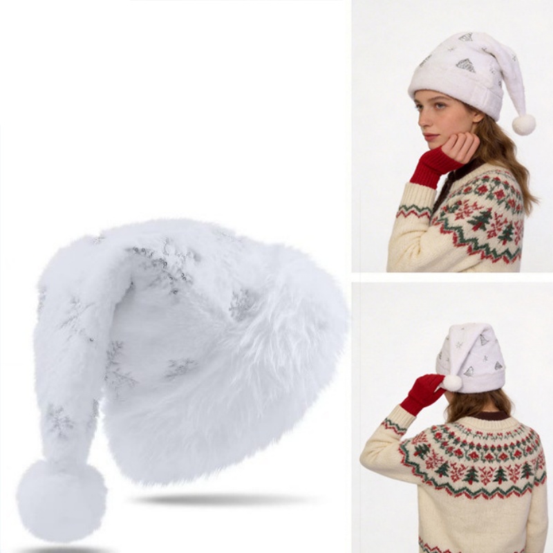 Santa Hat Plush - Biała pluszowa czapka świąteczna z złotymi
