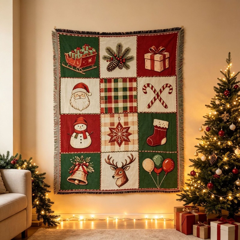 Christmas Throw Blanket - Świąteczna tapiseria z frędzlami w żakardowym